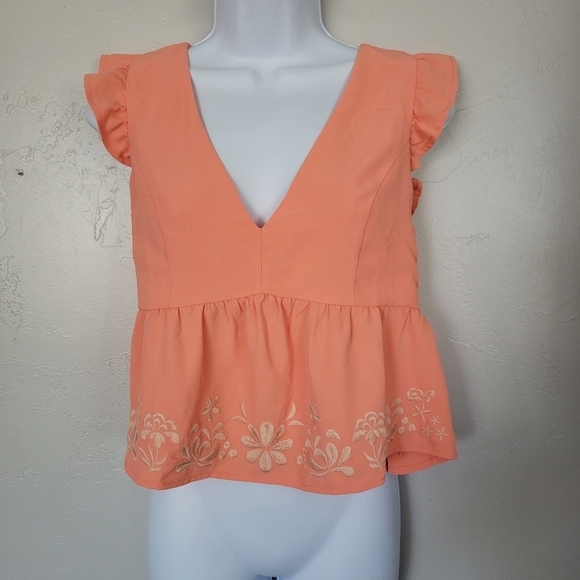 Lily Star Small Orange Blouse Plunge V-neck Floral Embroidery Peplum Cropped Top - Picture 1 of 7
